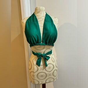 Blithe LA Bright Green Textured Halter Wrap Tie Bodice Backless Top L